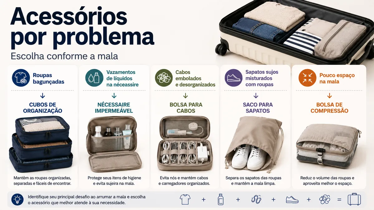 Acessórios para organizar bagagem agrupados por problemas comuns ao arrumar malas