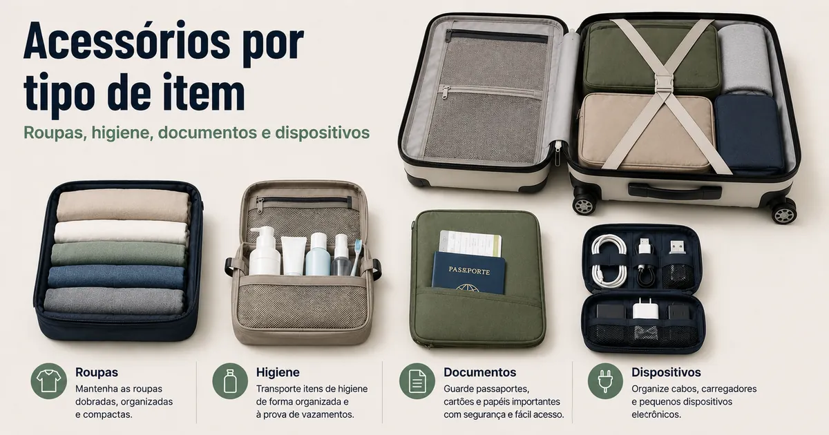 Acessórios para organizar bagagem separados para roupas higiene documentos e dispositivos