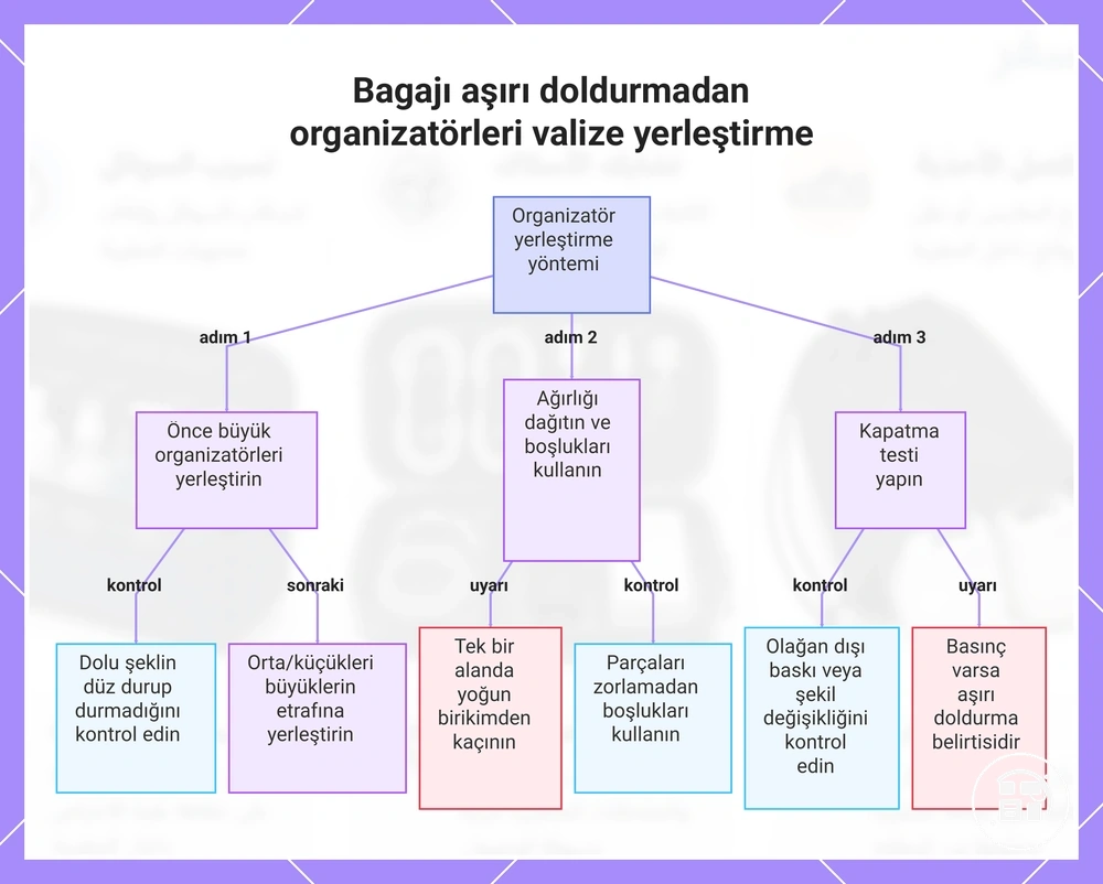 Bagajı aşırı doldurmadan organizatörleri valize yerleştirme