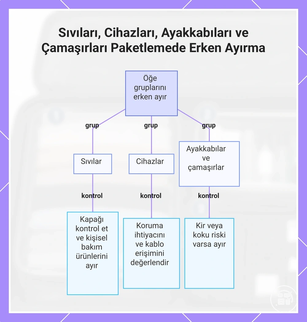 Sıvıları, Cihazları, Ayakkabıları ve Çamaşırları Paketlemede Erken Ayırma