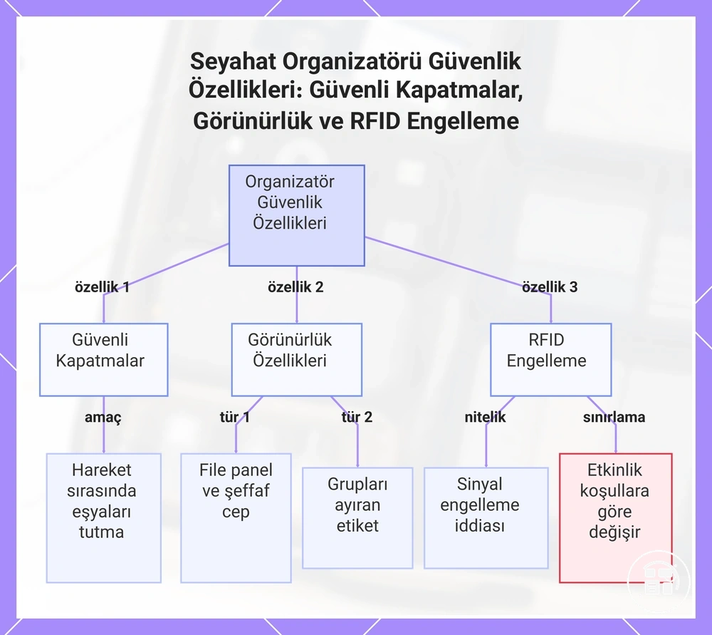 Seyahat Organizatörü Güvenlik Özellikleri: Güvenli Kapatmalar, Görünürlük ve RFID Engelleme