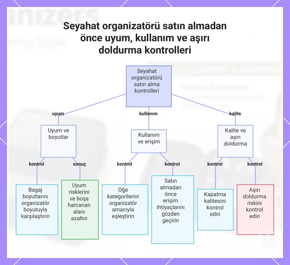 Seyahat organizatörü satın almadan önce uyum, kullanım ve aşırı doldurma kontrolleri