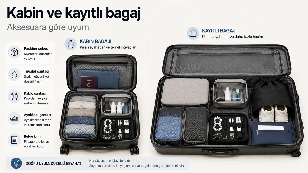 Kabin ve kayıtlı bagaj içinde yerleştirilmiş seyahat düzenleme aksesuarları