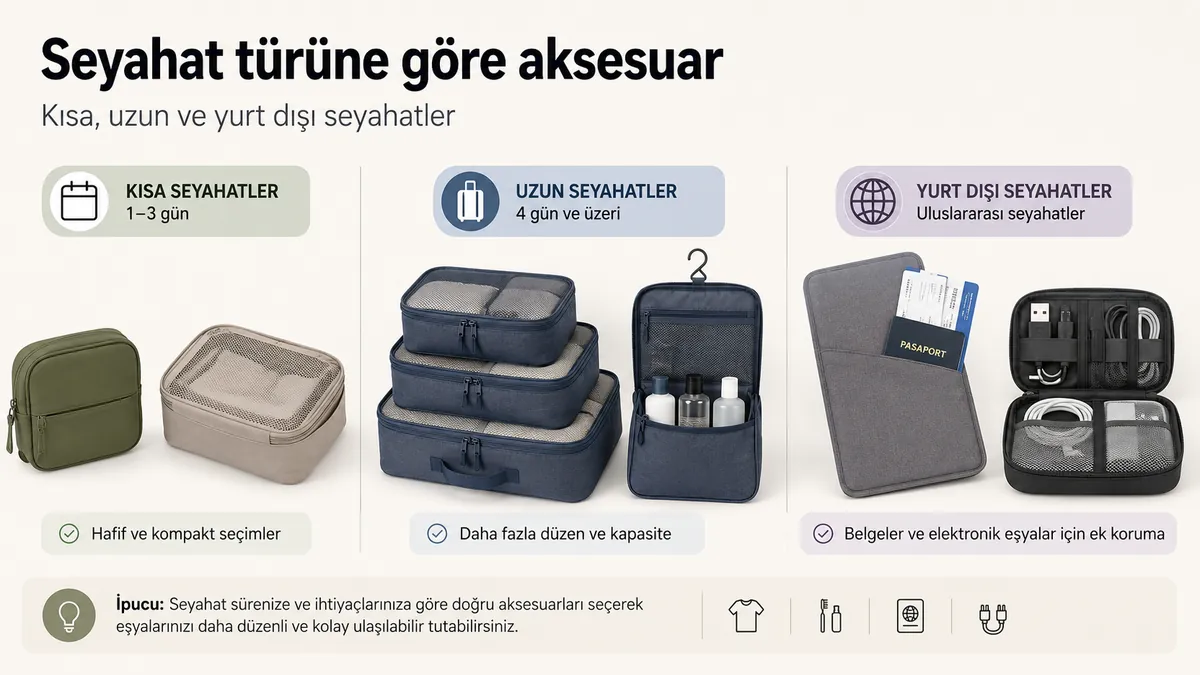 Kısa uzun ve yurt dışı seyahatler için seçilmiş seyahat düzenleme aksesuarları
