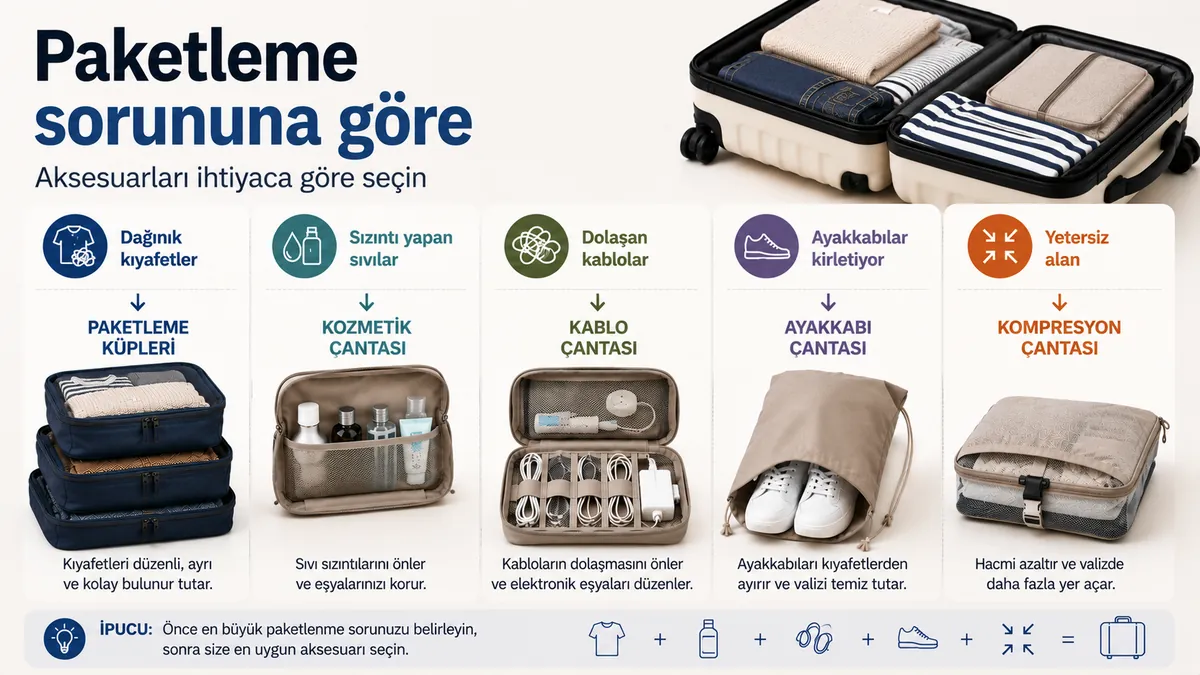 Yaygın paketleme sorunlarına göre gruplanmış seyahat düzenleme aksesuarları