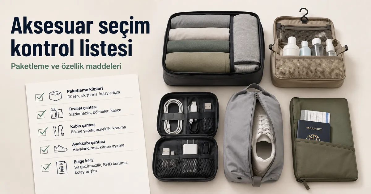 Paketleme ve seçim maddeleri içeren seyahat düzenleme aksesuarları kontrol listesi