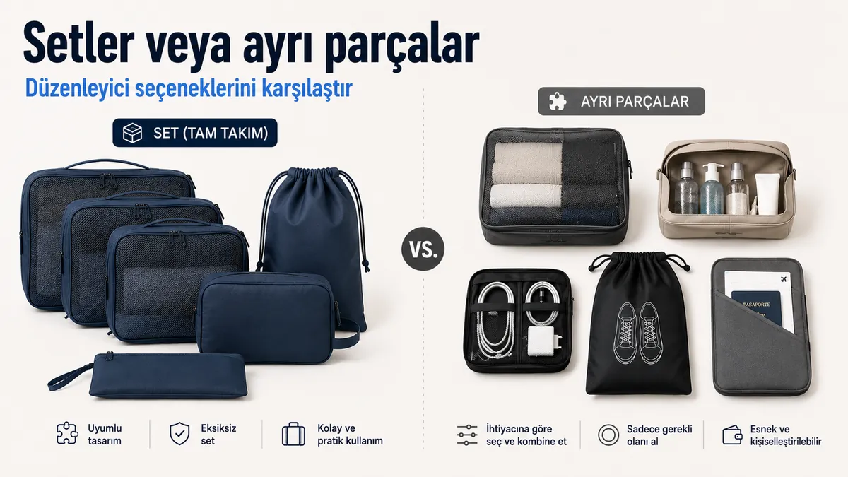 Ayrı düzenleyici parçalarla karşılaştırılan seyahat düzenleme aksesuarı seti