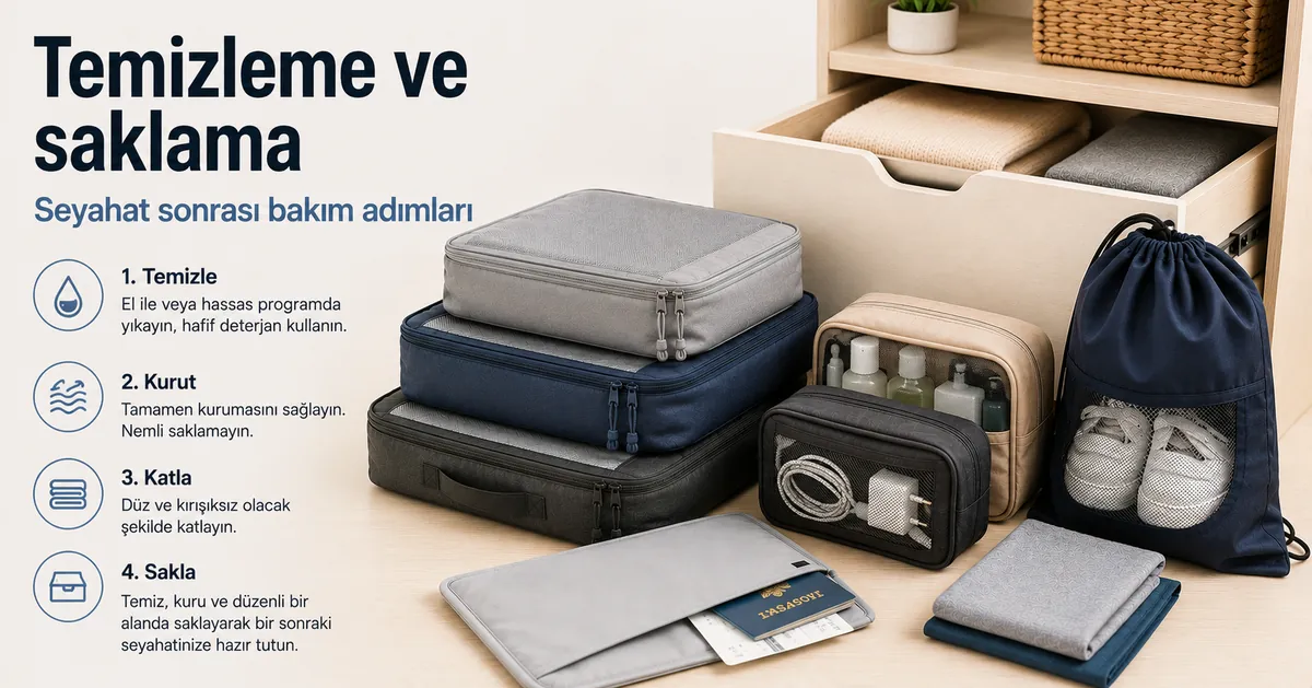 Kullanım sonrası düzenli saklanan temiz seyahat düzenleme aksesuarları