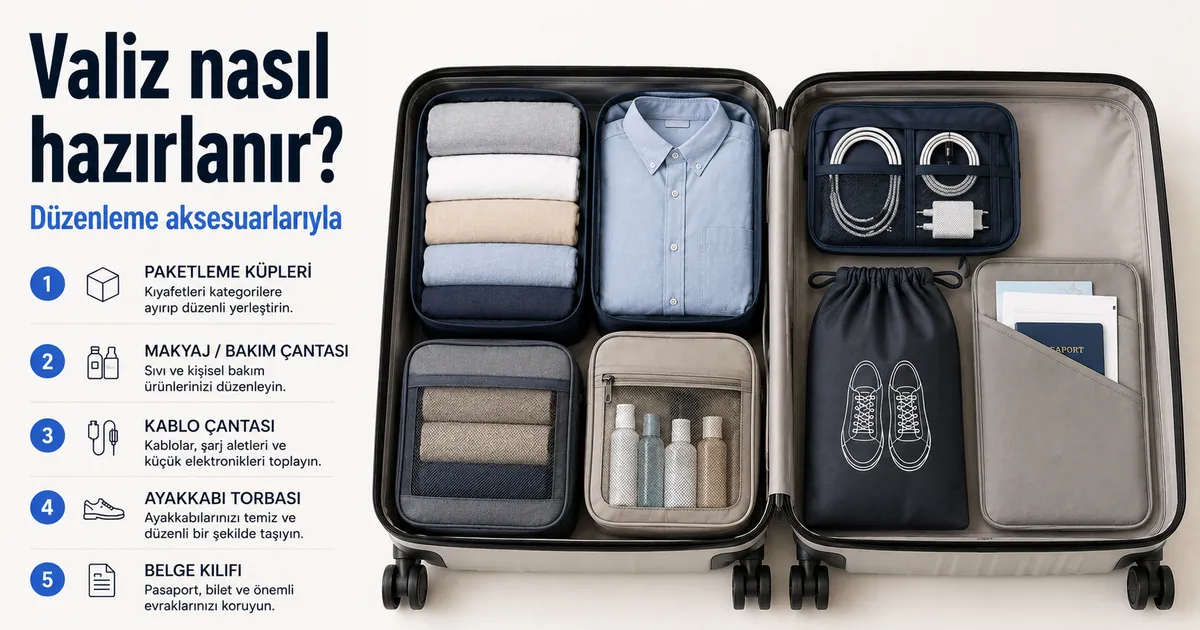 Düzenli paketleme için bagaj içine yerleştirilmiş seyahat düzenleme aksesuarları